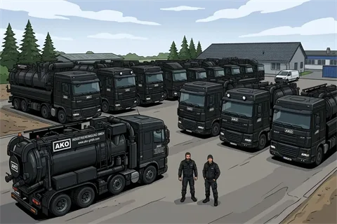 Comicbild: AKO-Saugfahrzeuge stehen einsatzbereit bereit