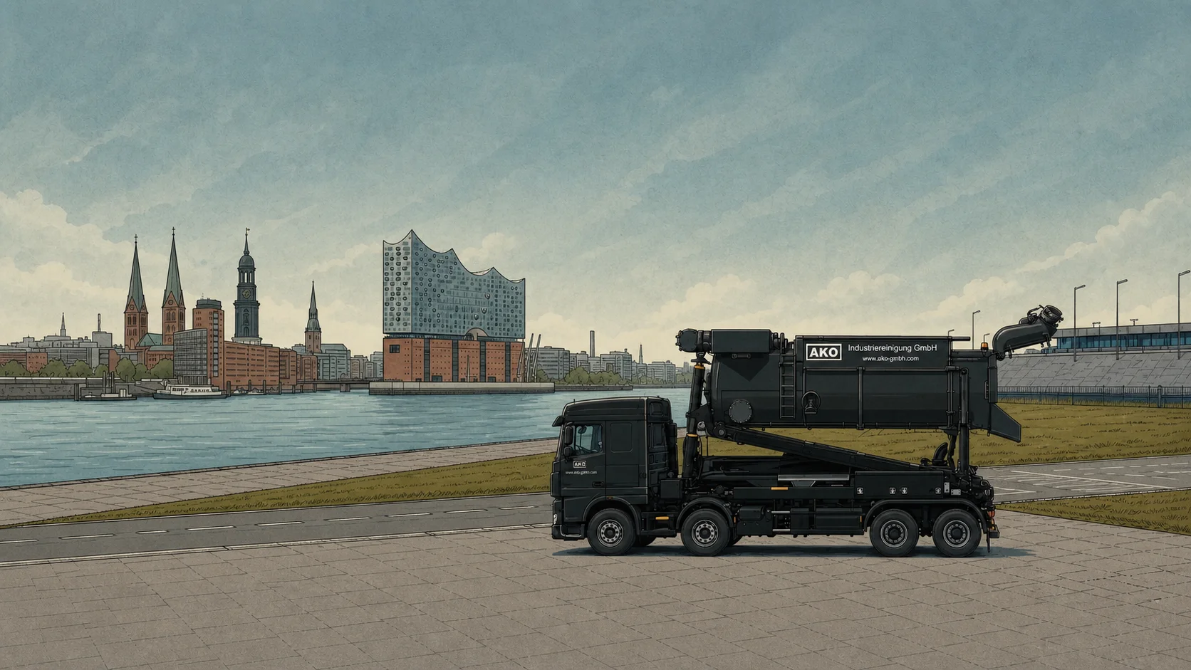 Comic: Vollständiger schwarzer AKO-Supersauger im Hamburger Hafen vor der Elbphilharmonie