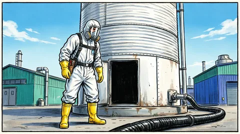 AKO-Mitarbeiter im Schutzanzug vor einer Biogasanlage